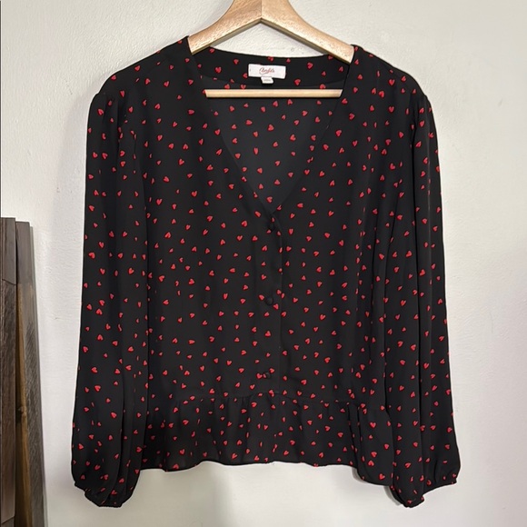 Candie's Black and Red Heart Print Relaxed Fit Buttoned Blouse - Picture 1 of 6